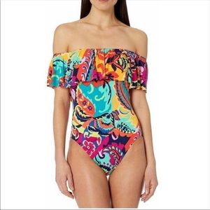 Tahari One Piece Off Shoulder Ruffled Brilliant Colors Size Large NWOT